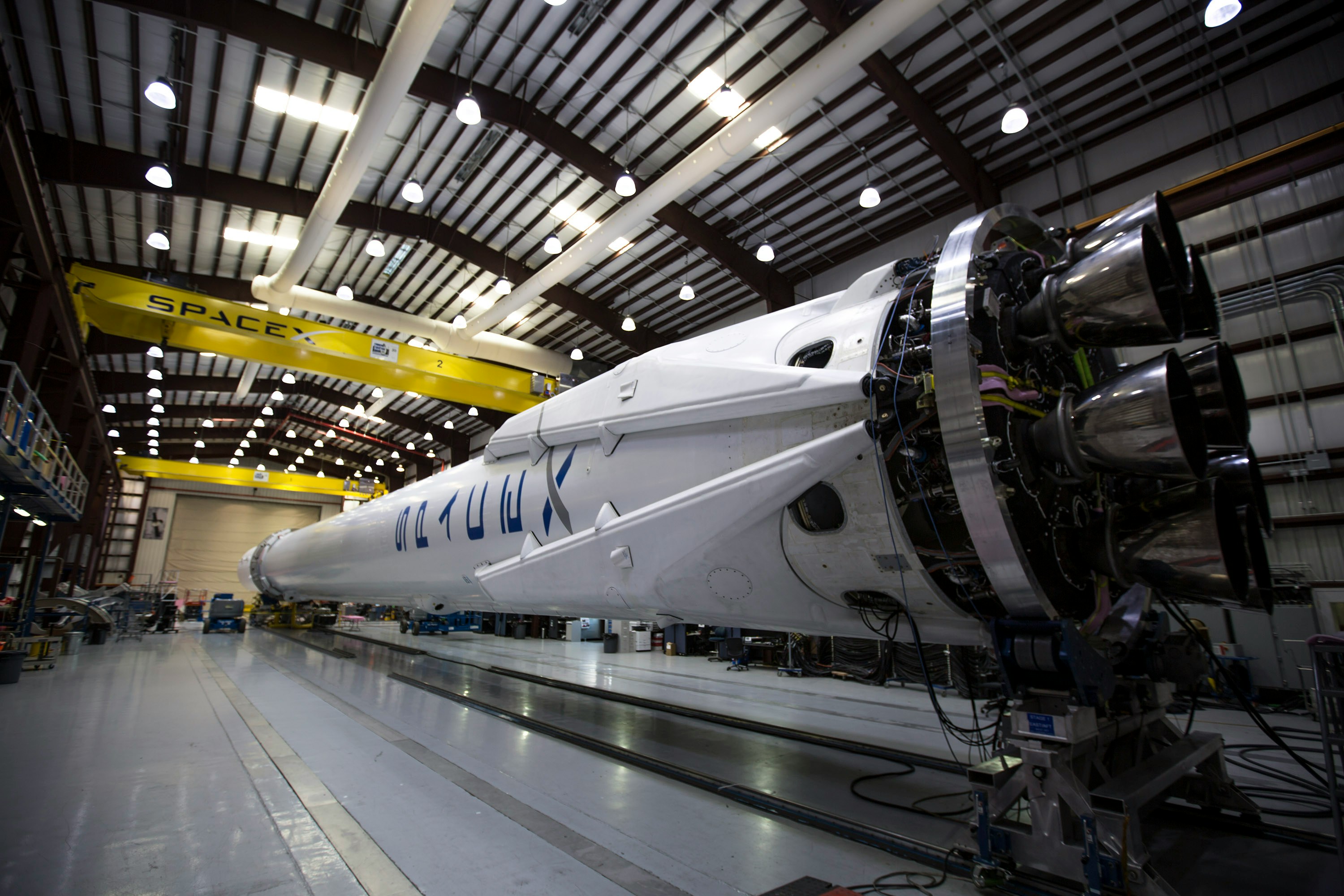 An aerospace facility displaying a rocket   made by SpaceX