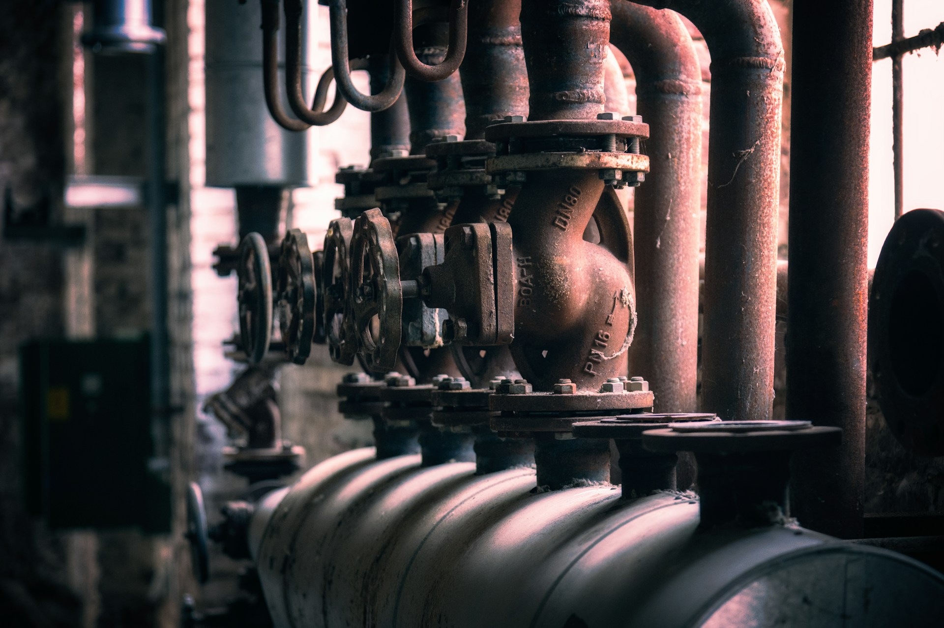 A series of high pressure check valves controlling a pipe system